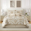 7 Piece Gold Comforter Set, Elegant Floral King Size Bedding, Jacquard with Matching Solid Microfiber Piece Work, All