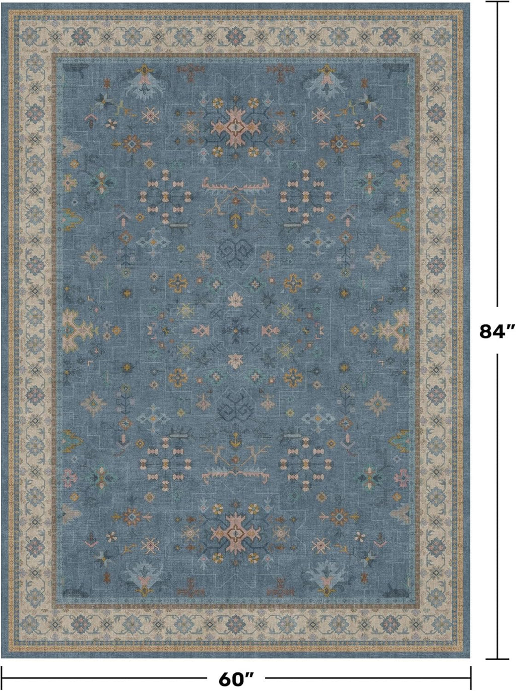Washable Blue Rugs for Kids Room, Boho Nursery Rug Boys, Colorful Eclectic Low-Pile Carpet, Dining Table