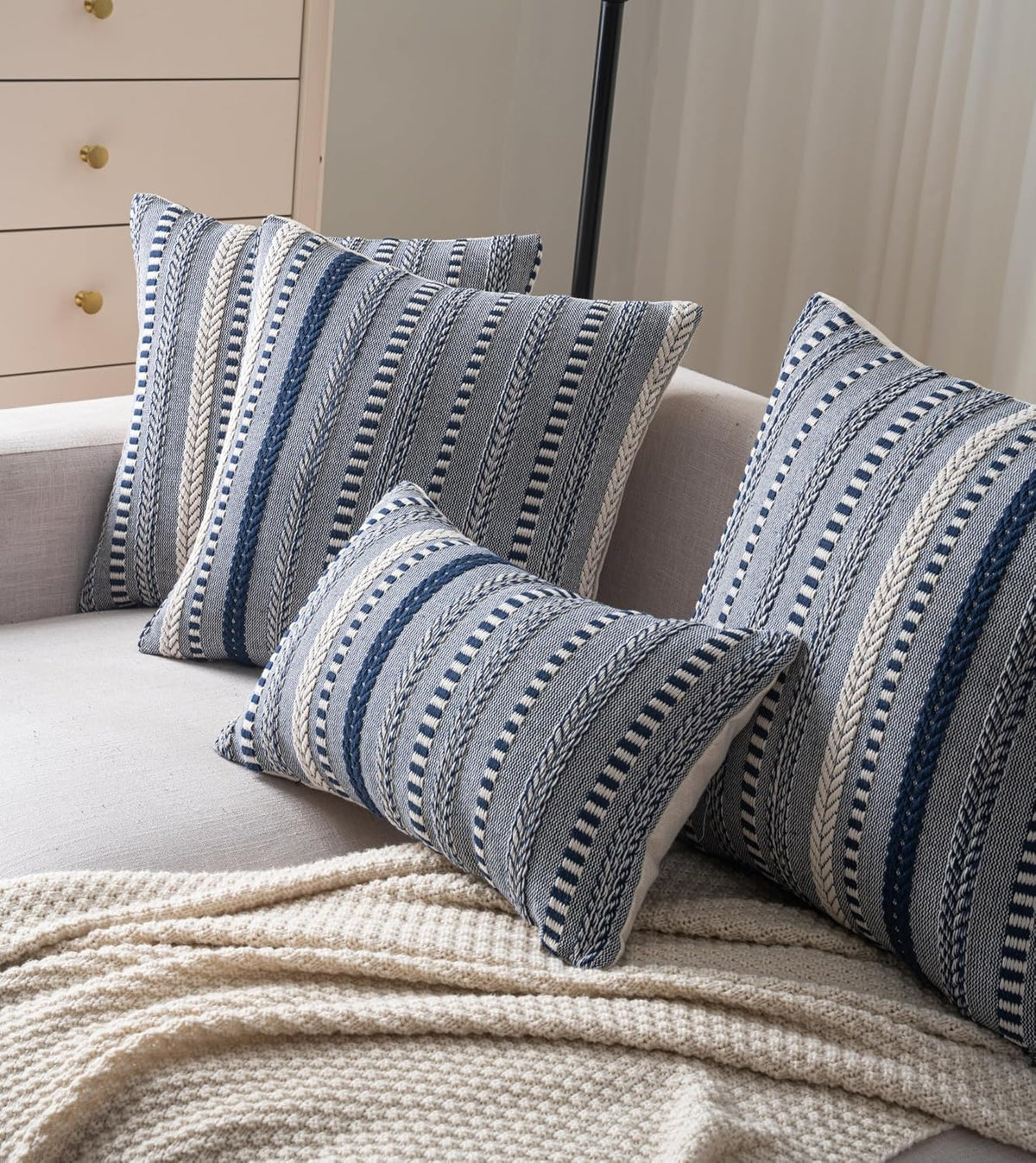 Boho Throw Pillow Covers 18x18 Inch Set of 2, Farmhouse Decorative Couch Pillow Cases, Navy Blue Accent Pillows of Bed, Sofa Bedroom Living Room Home Decor Cushion Cover