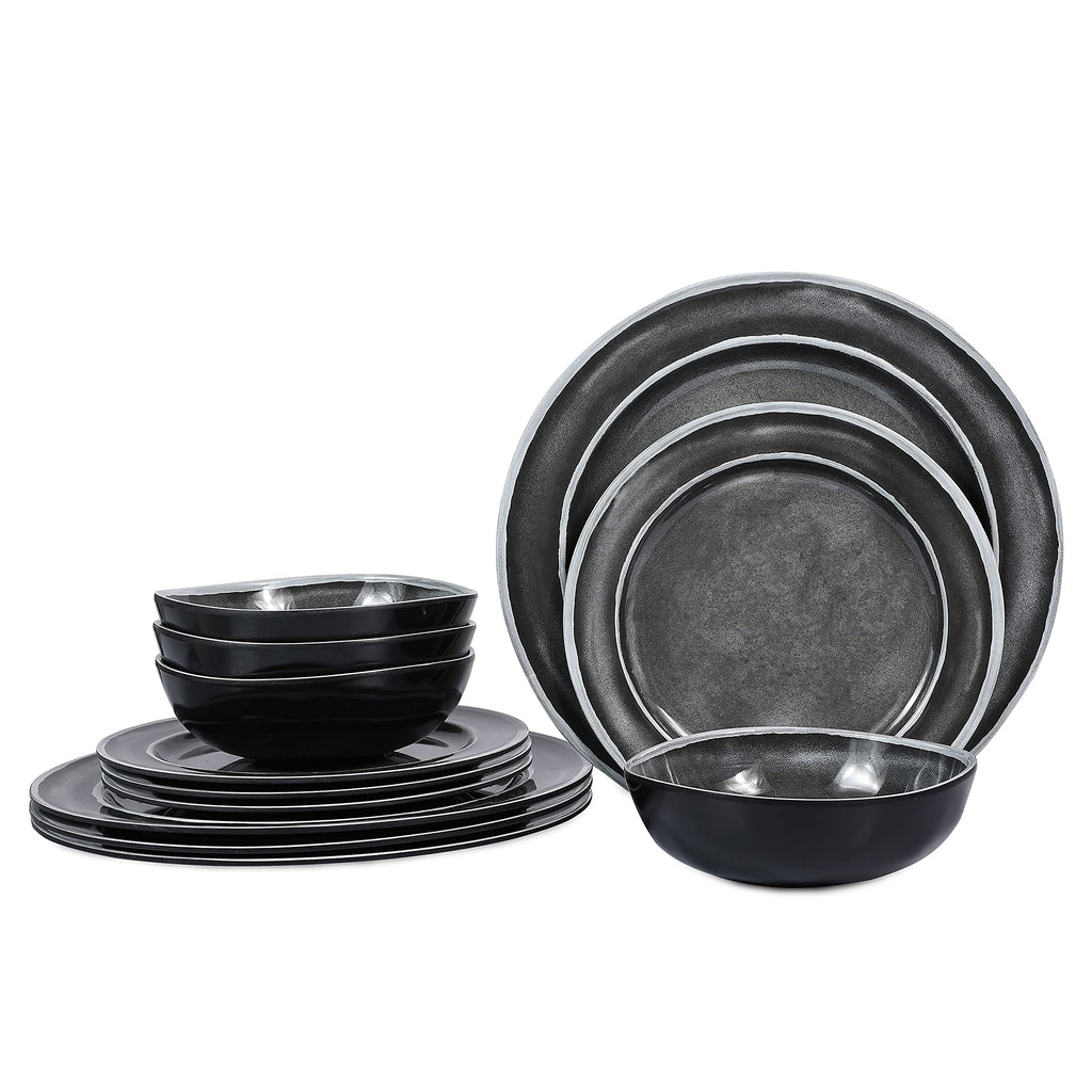 Black Melamine Dinnerware Set for 4,12Pcs Dish Set for Indoor & Outdoor Use