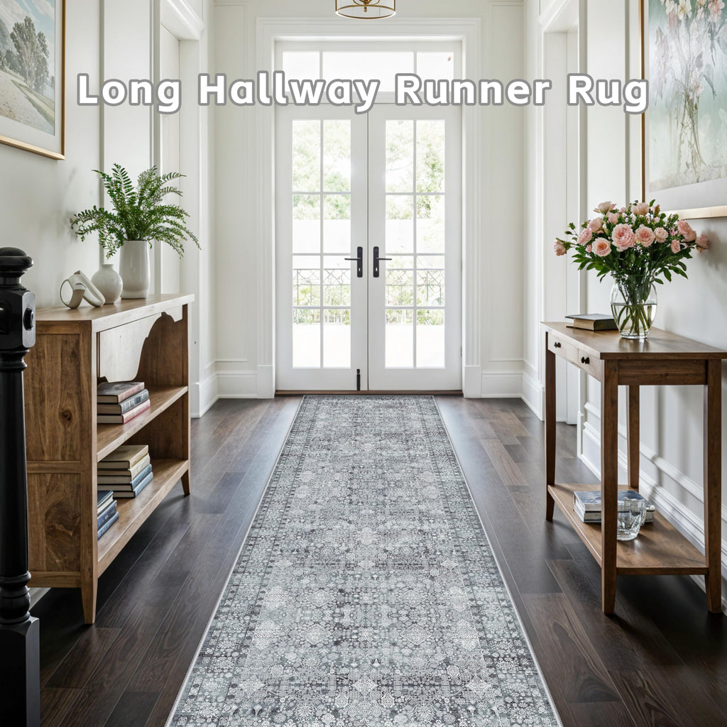Non Slip Runner Rug Long Carpet Runners Grey - Soft Thin Washable Stain and Spill Resistant for Wide Entryway