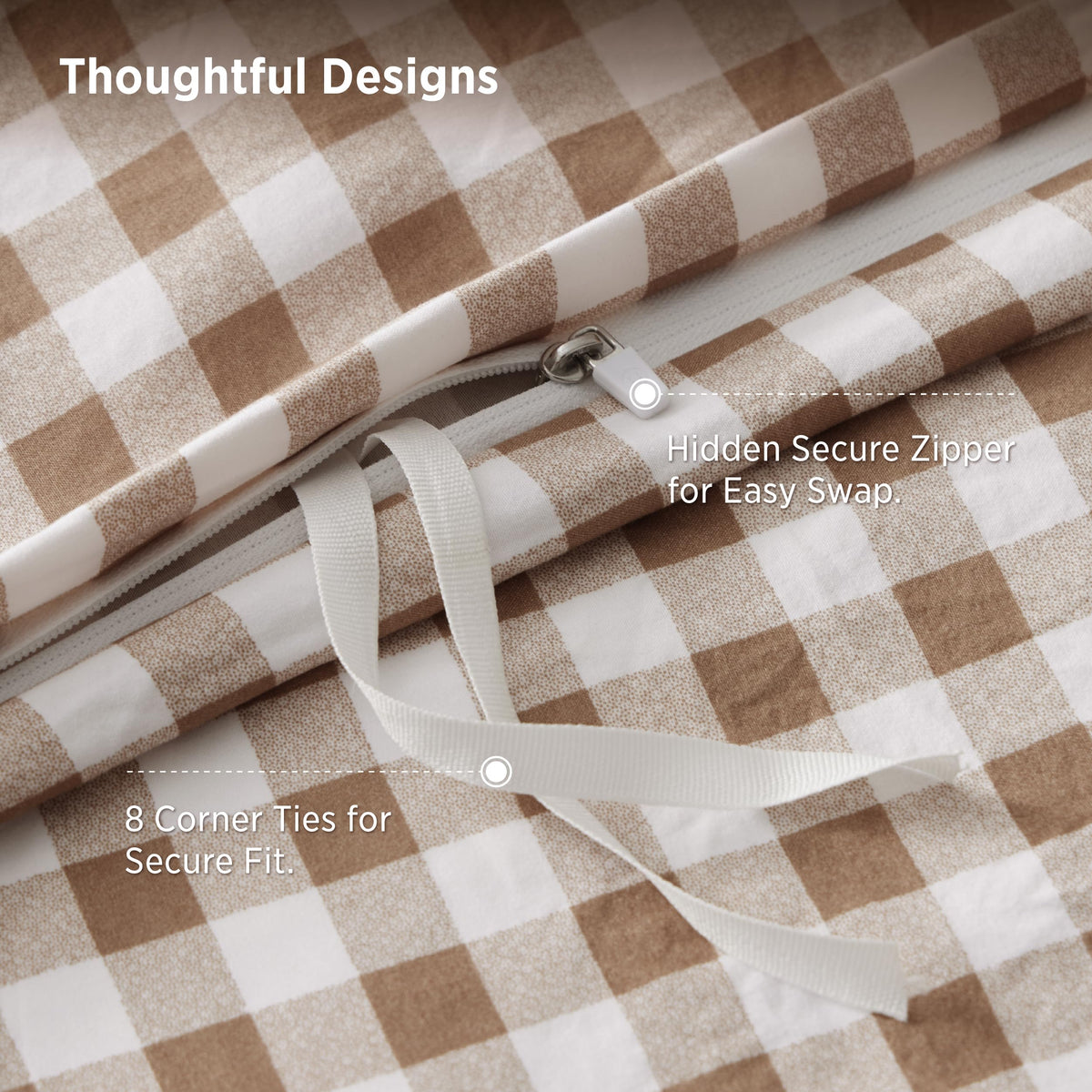 Gingham Duvet Cover Set Cotton-Like Bedding, Brown