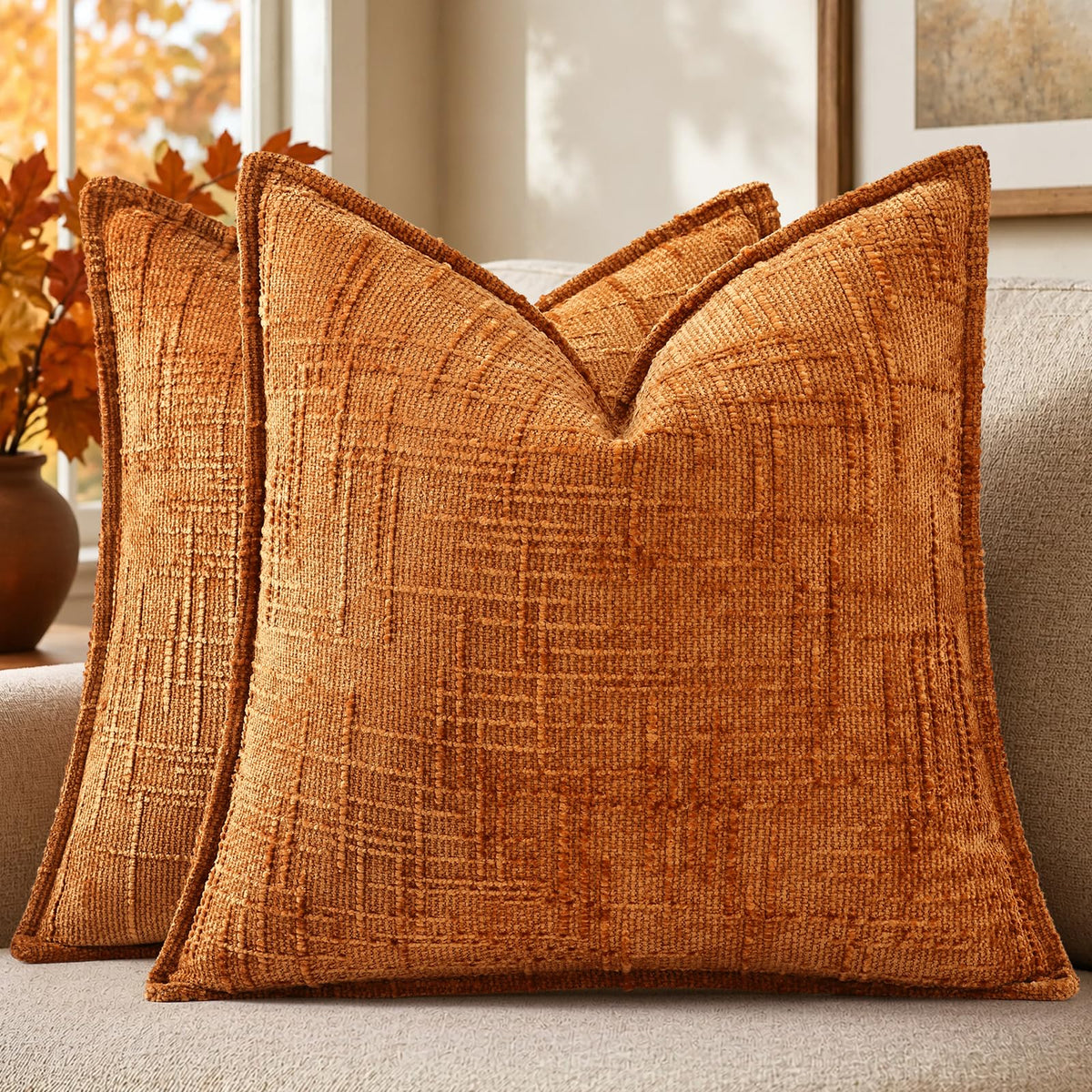 Chenille Fall Throw Pillow Covers 22x22 Set of 2, Burnt Orange