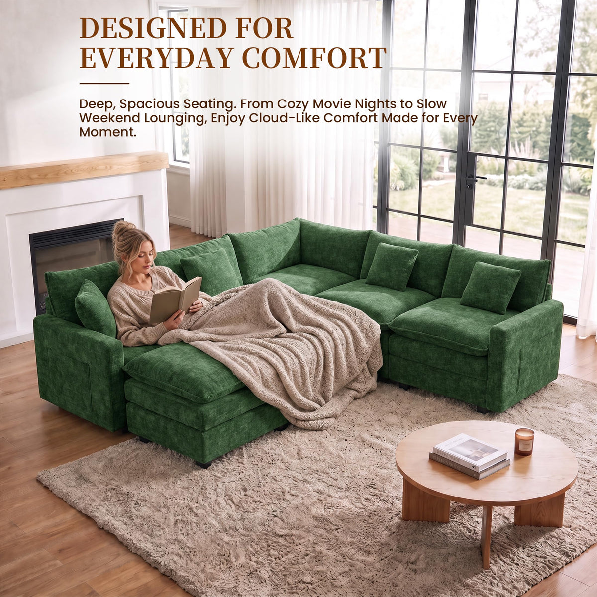100" Modular Sectional Sofa, L-Shaped Cloud Couch with Ottoman, Green