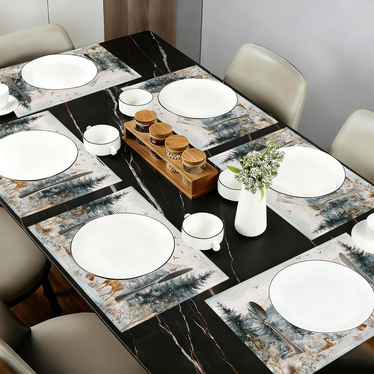 Winter Forest Fabric Placemats,Cute Deer Snow Mountain Table Placemats Set of 6 Cloth Place Mats, Washable