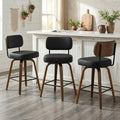 Swivel Bar Stools Set of 3, 26" Upholstered Counter Height Bar Stools with Back and Walnut Wood Legs, Faux Leather