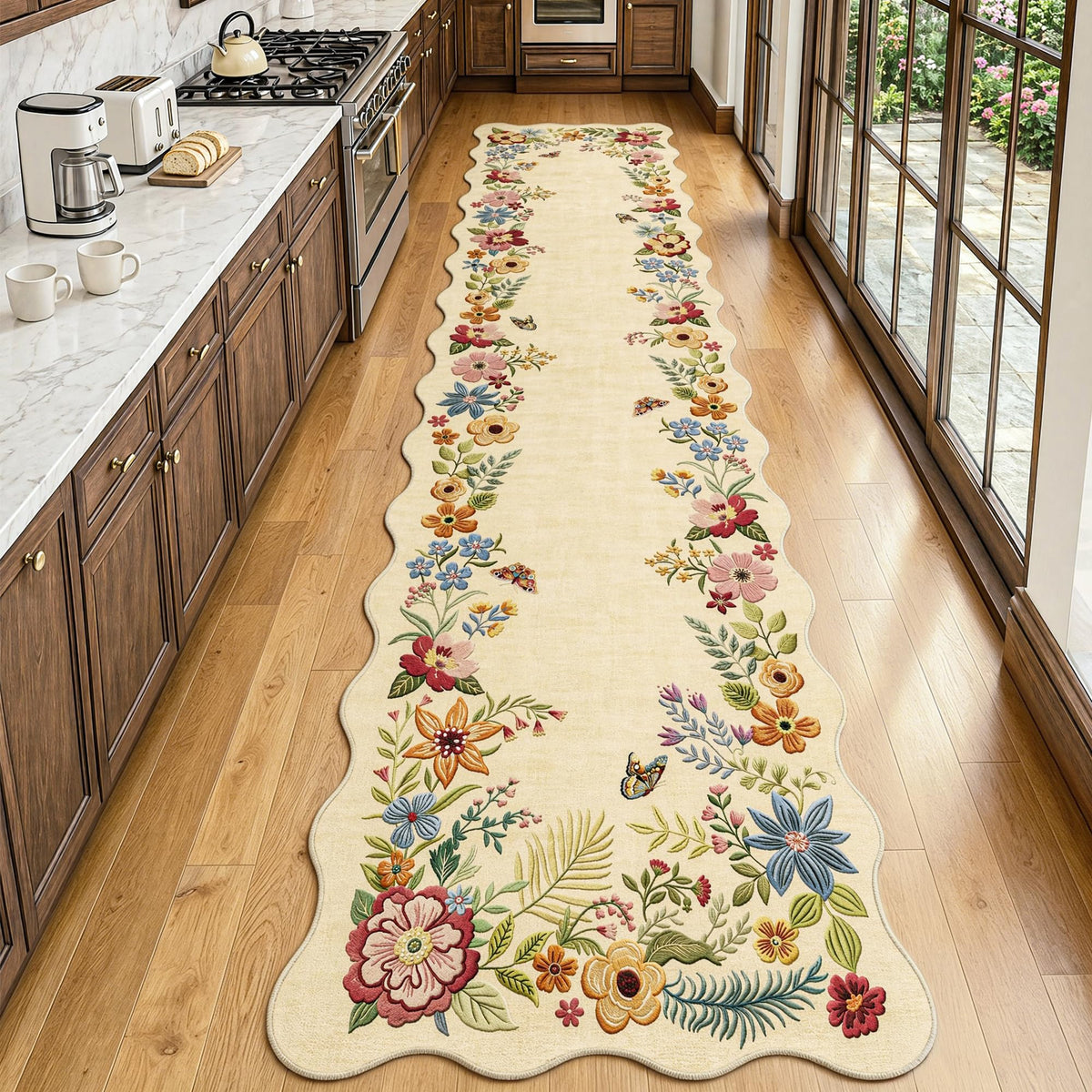 3x10 Hallway Runner Rug Washable Beige Floral Vintage Scalloped