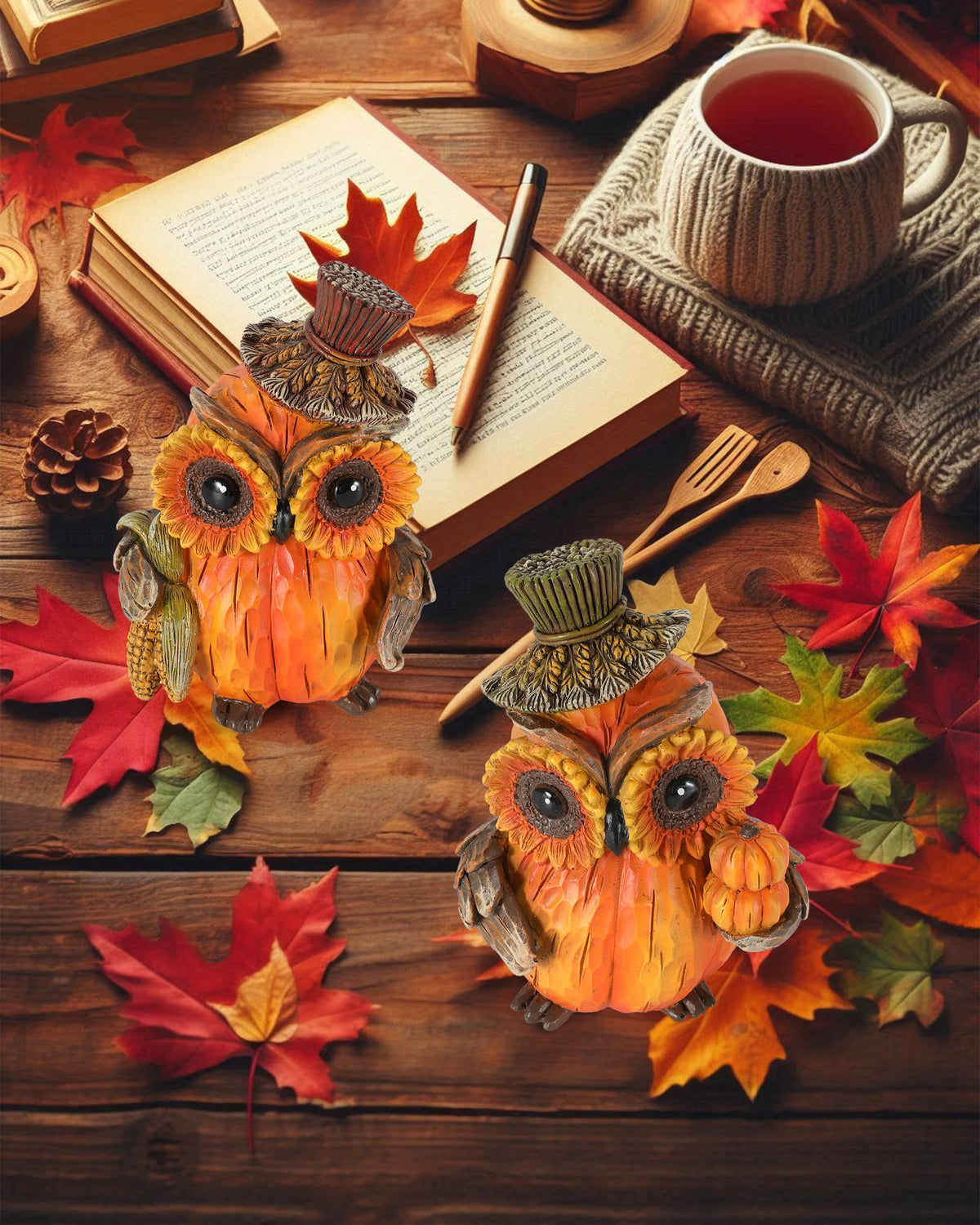2-Pack Resin Thanksgiving Owl Figurine 4.7'' - Thanksgiving Table Decor Haverst Pumpkins Corns Decorations Indoor