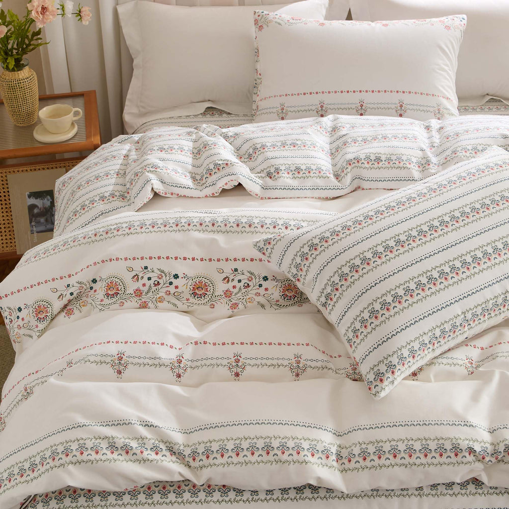 White Boho Duvet Cover Queen Reversible Floral Striped Bedding