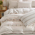 White Boho Duvet Cover Queen Reversible Floral Striped Bedding