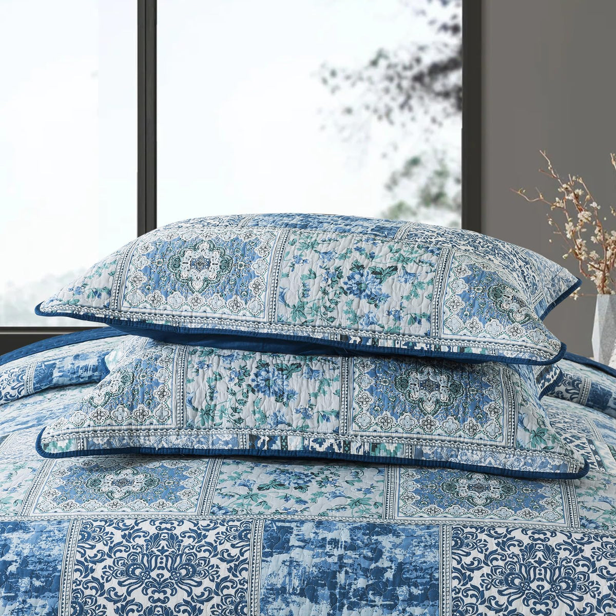 Cotton Bedspread Quilt Sets-Reversible Patchwork Coverlet Set, Blue Classic Bohemian Pattern