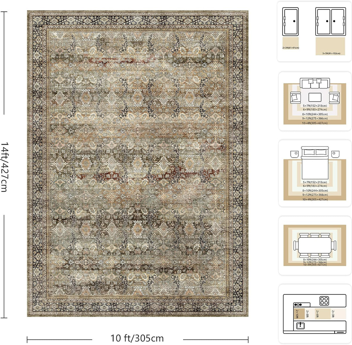 Area Rugs - Washable Vintage Retro Large Rug, Soft Ultra Thin Non Slip Low Pile Traditional Distressed Boho