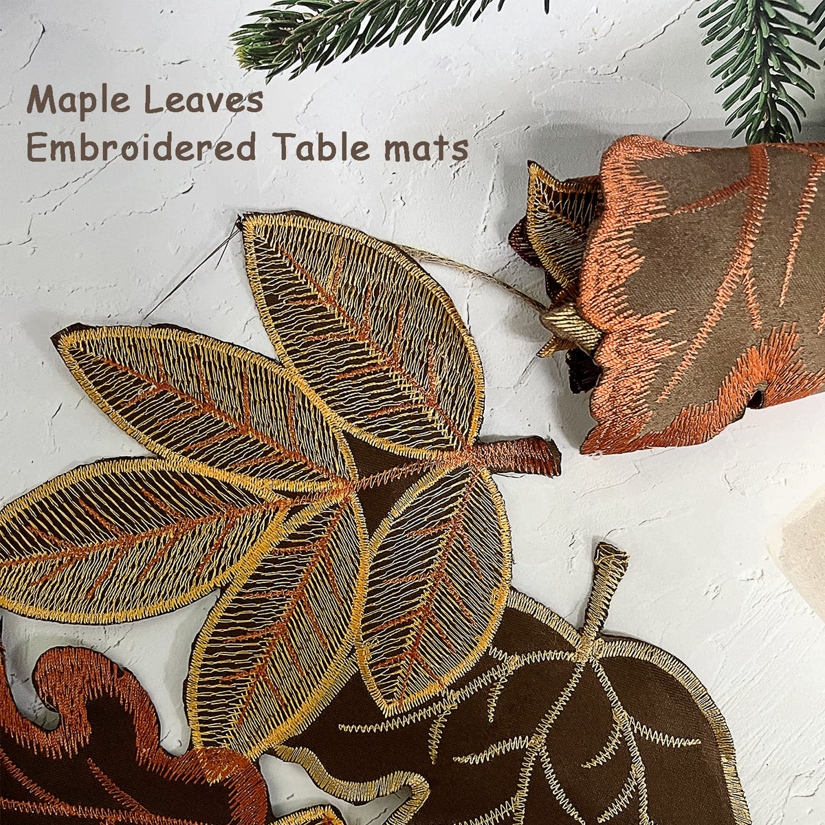 Embroidered Fall Placemats Set of 6, 15 in, Thanksgiving Round Table Mats