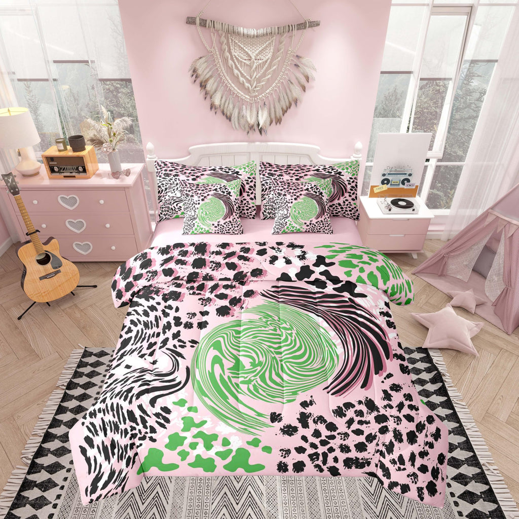 Animal Print Queen Bedding Set Pink Green Black Zebra Leopard Print Comforter Set Girl Women Abstract Swirl 7-Piece