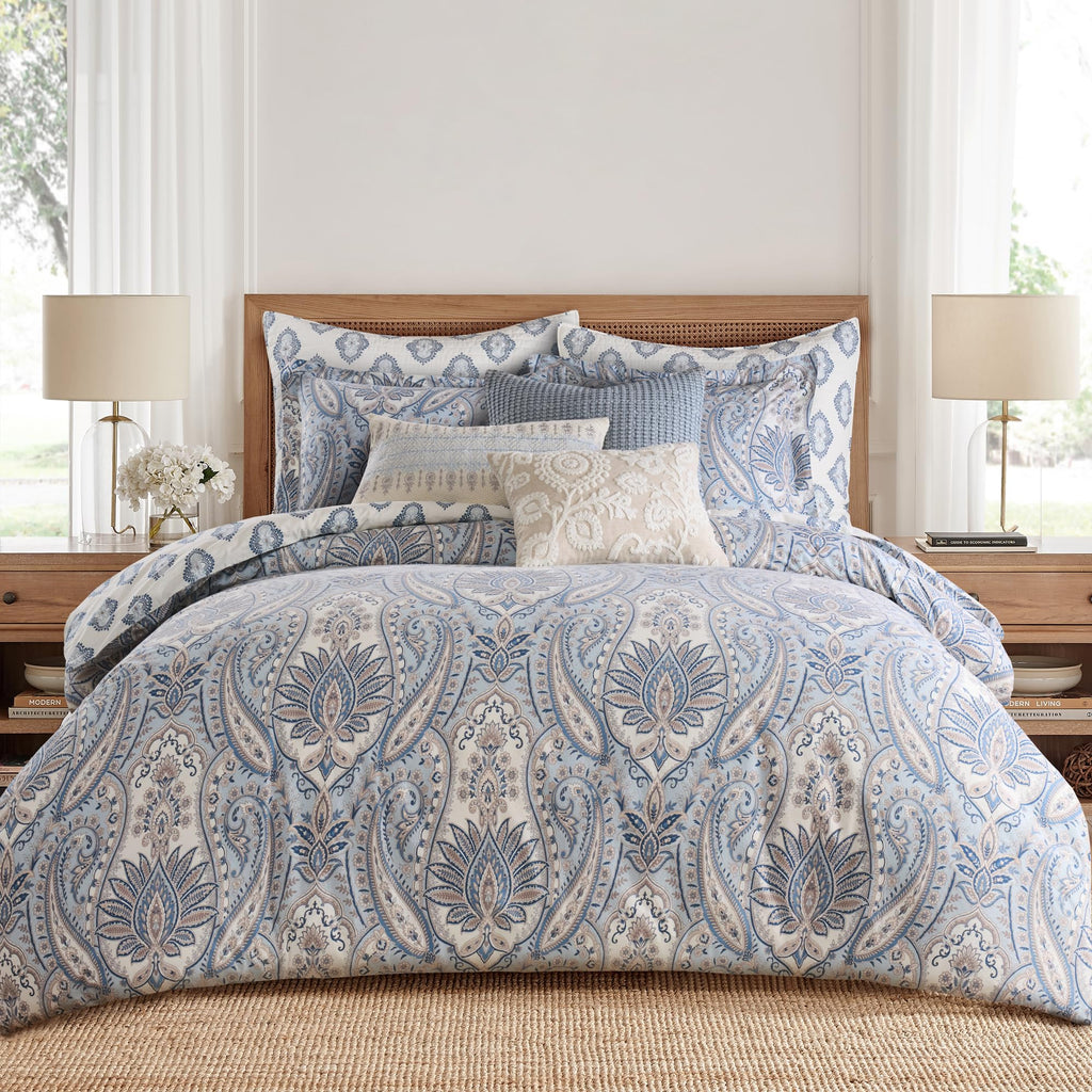 Kasey Blue Comforter Set - Comforter (104x92in) and 2 Shams (20x36in) - Medallion and Paisley Design - Blue