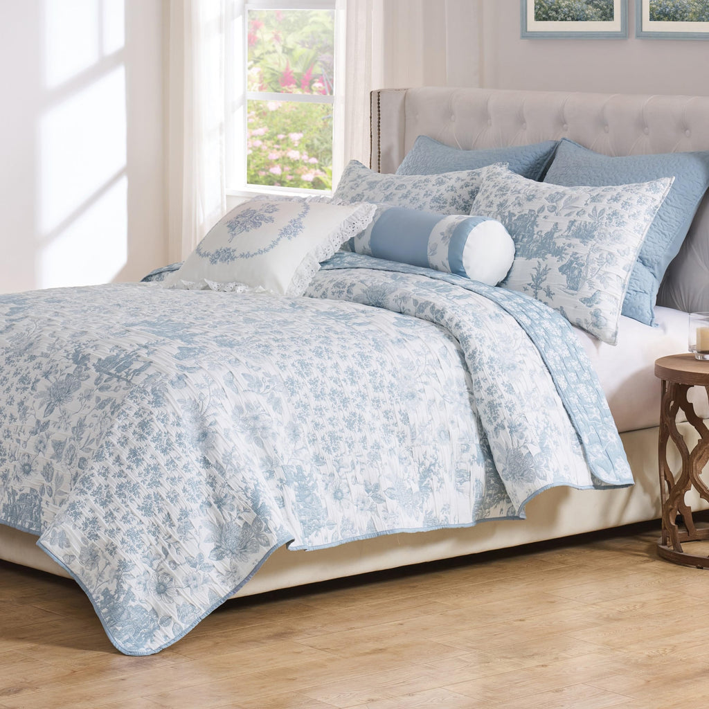 Patchwork Toile Collection Coverlet Set, 3-Piece, Blue