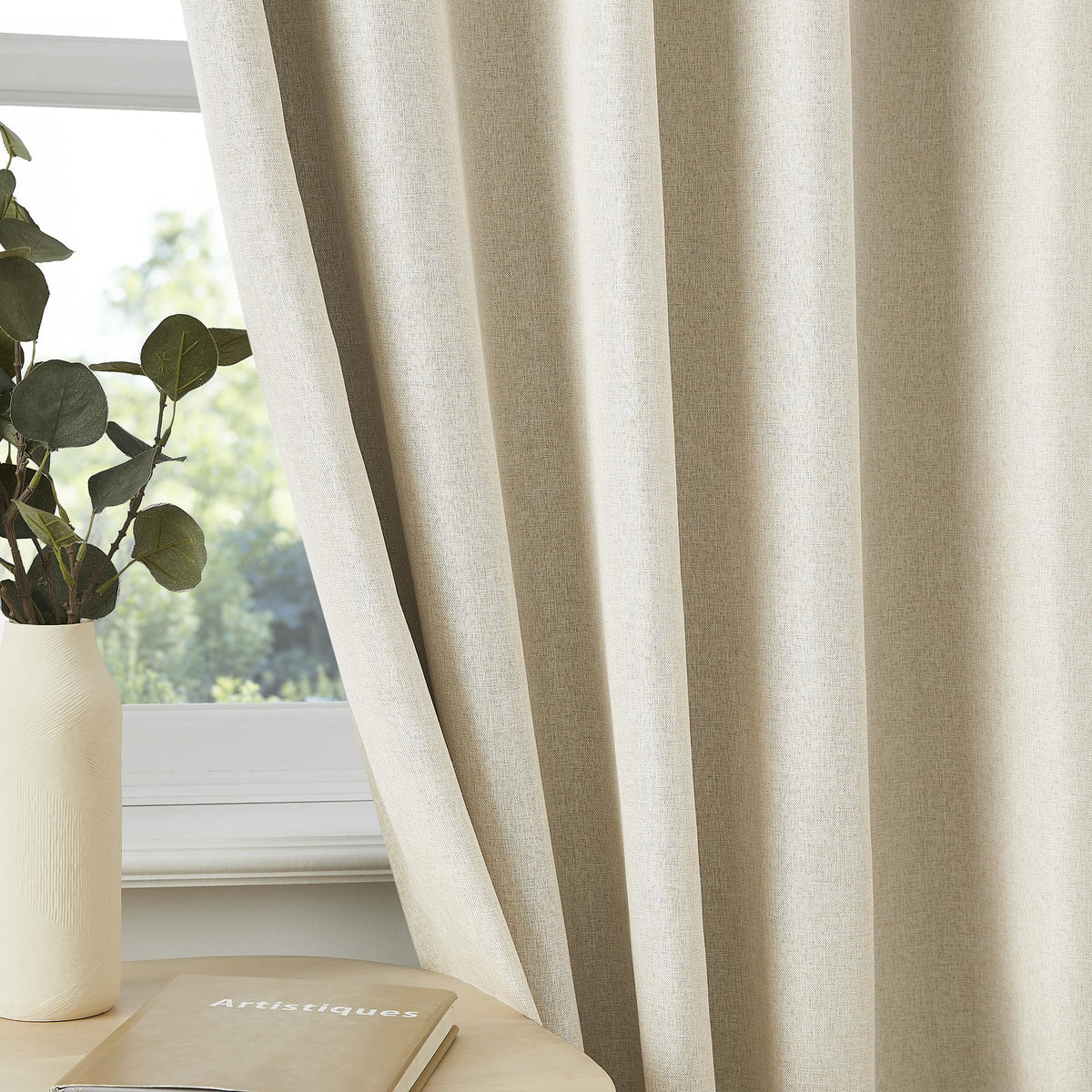 Pinch Pleated Curtains 84 Length 2 Panels Set, Cream Beige Pleated Bedroom Windows Neutral Boho Drapes with Hooks for