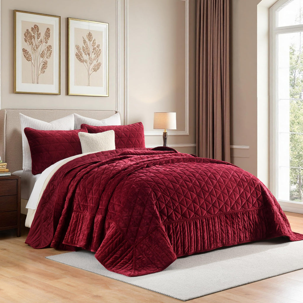 Burgundy Velvet Quilt, Comforter Set Wine Red Bedding Set (118"*118") with 2