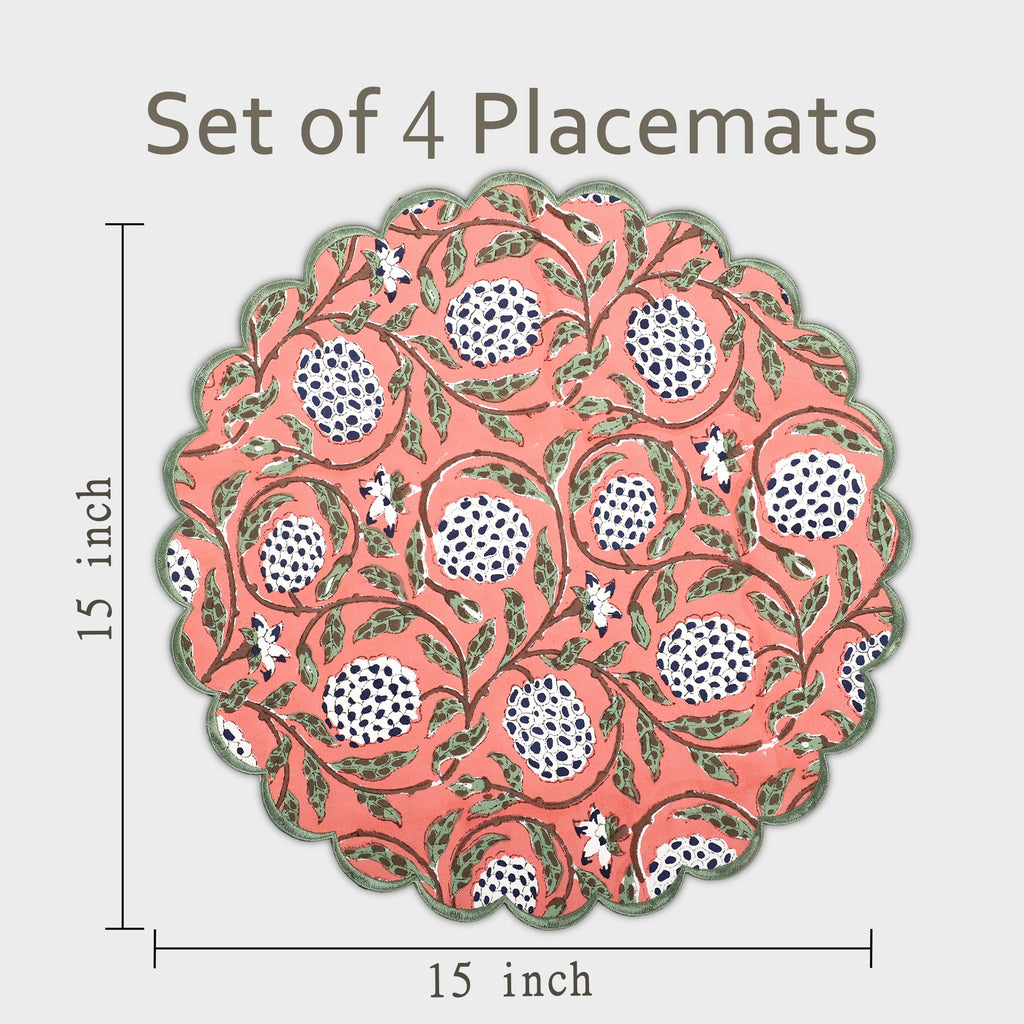 Floral Block Print Round Placemats 15 in, Set of 4, Dark Salmon Pink