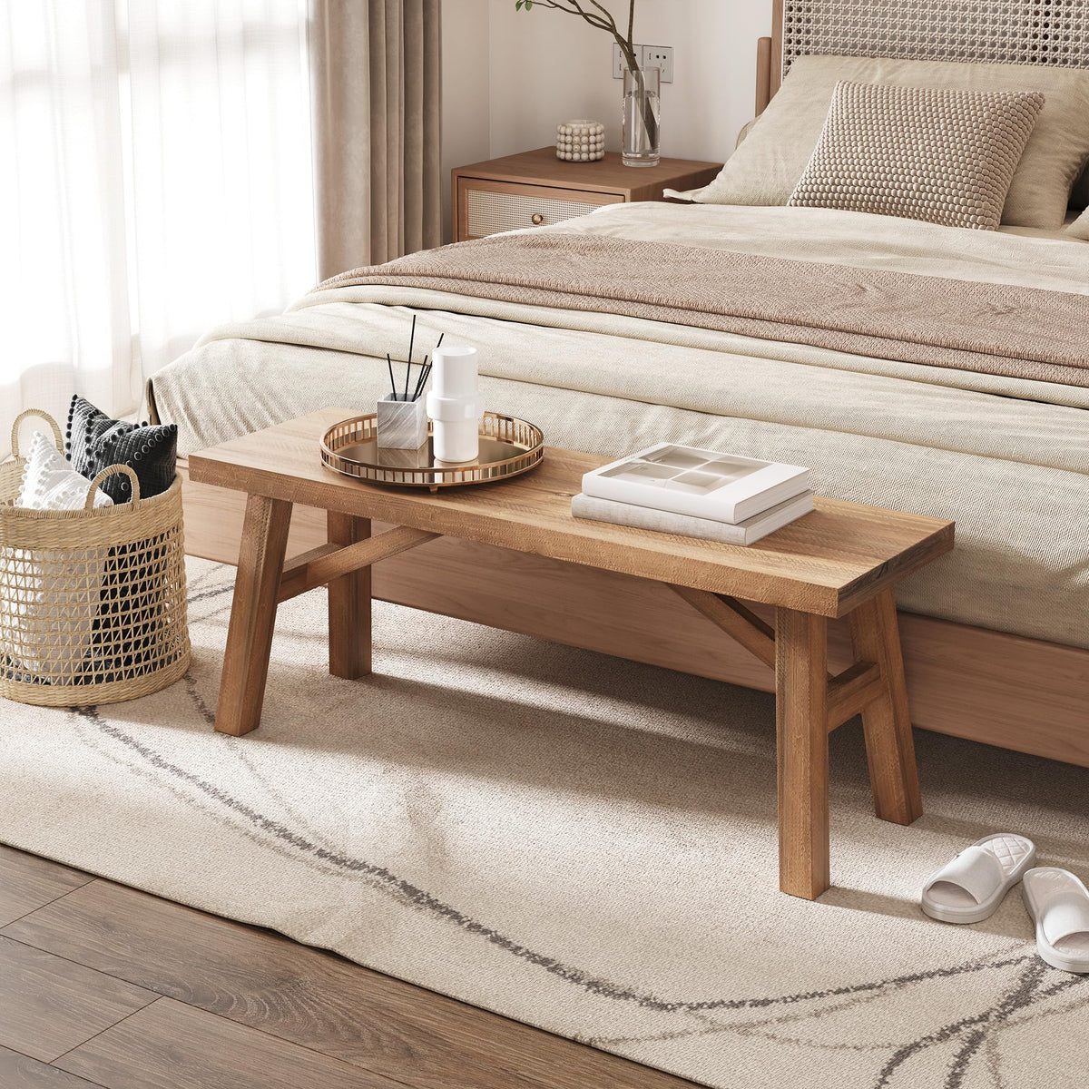 Sawmill Long Solid Wood Bench, 43" Farmhouse Entryway Bench, Natural