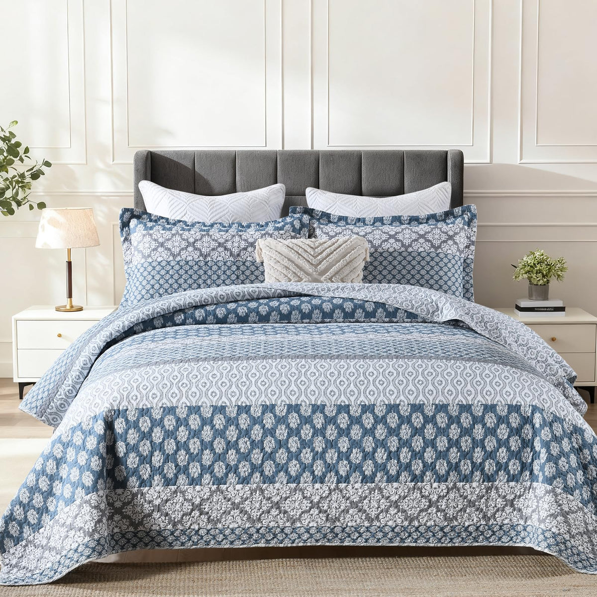 Quilts, Blue Gray Floral Striped Design Quilt Set