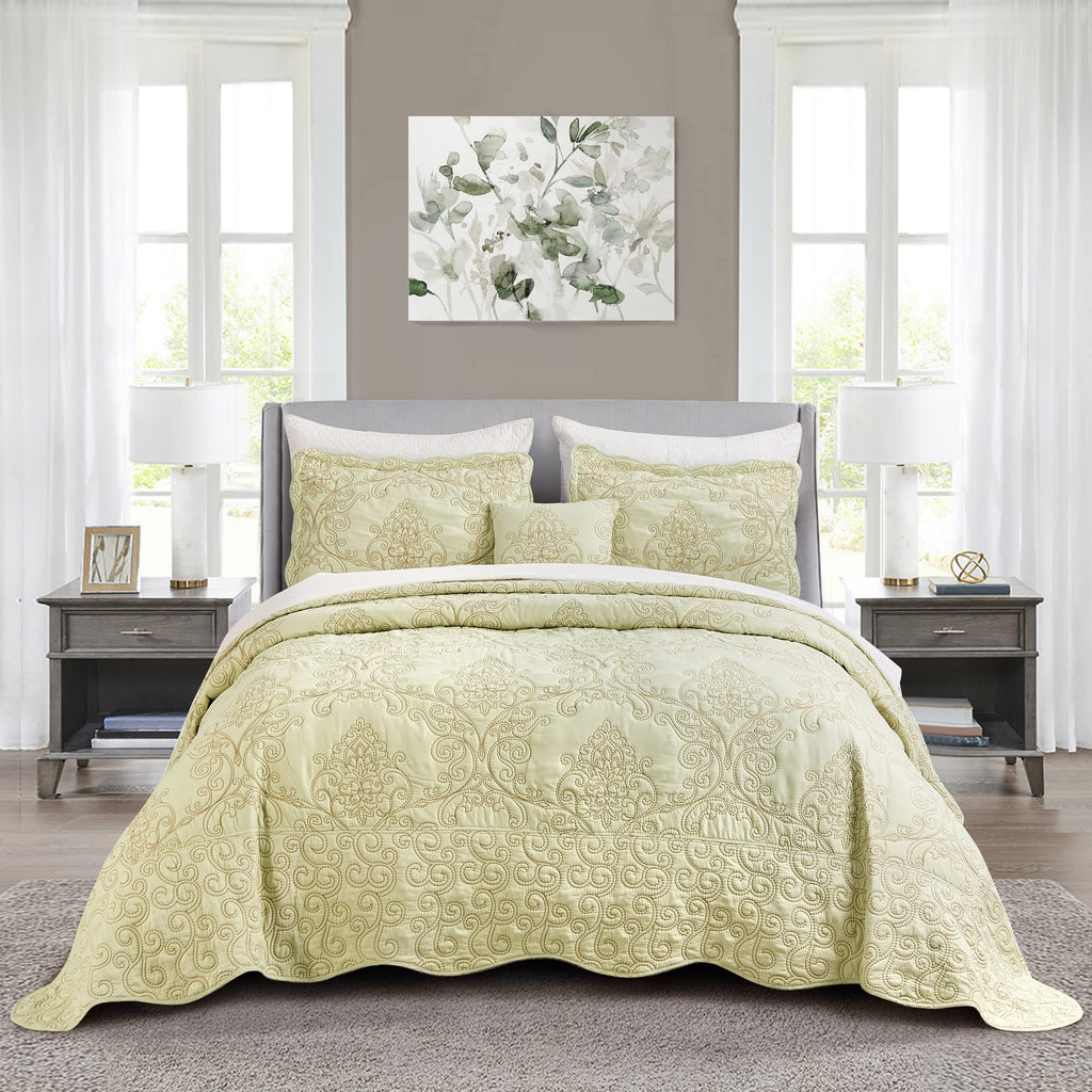 Quilt Bedspread 4 Piece Bedding Set 90" x 90" Elegant Antique Classy Damask Embroidery with Scallop Edges