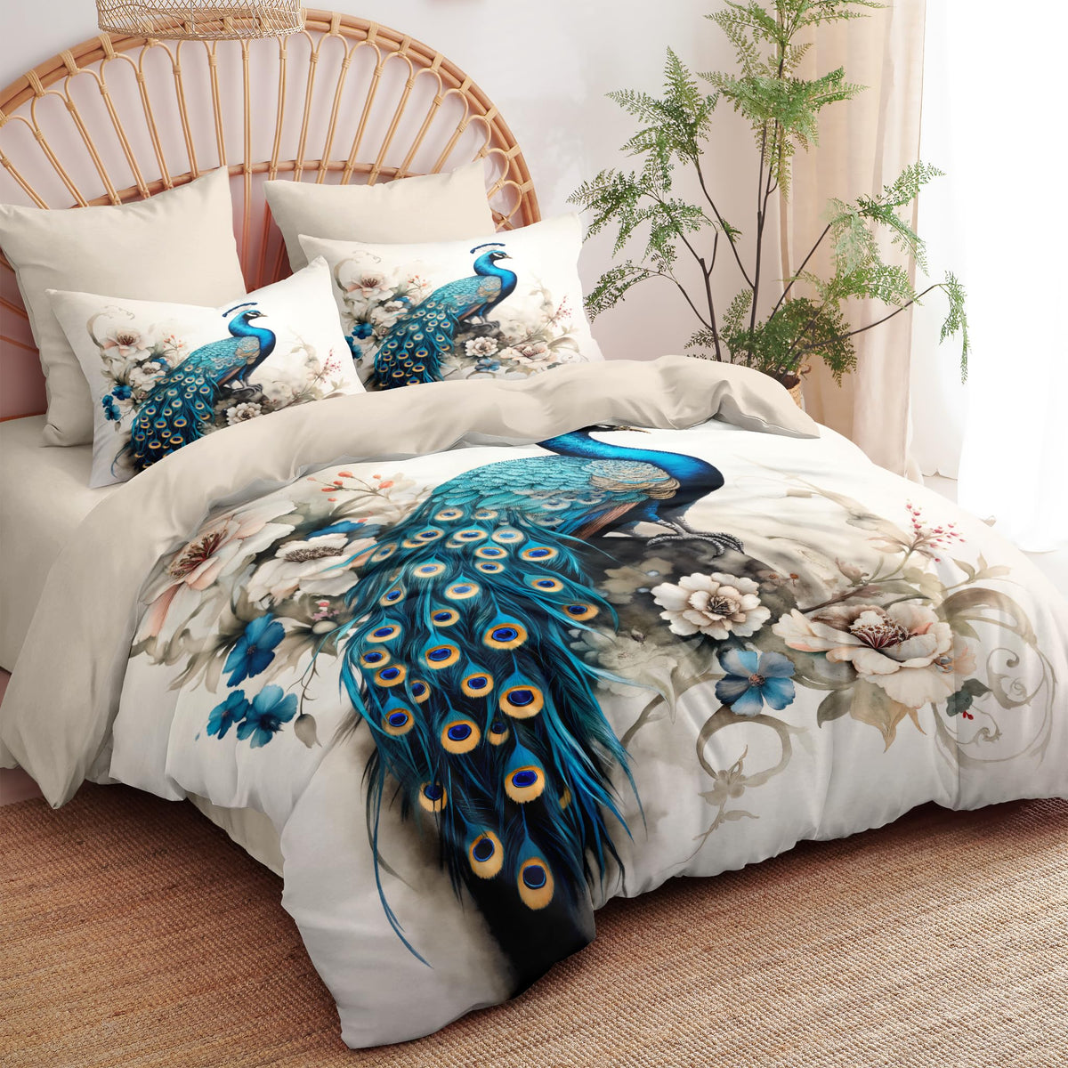 Victorian Bird Floral King Comforter Set Peacock Bedding Set for Women Girls Teal Peacock Feather Decor Quilt Set