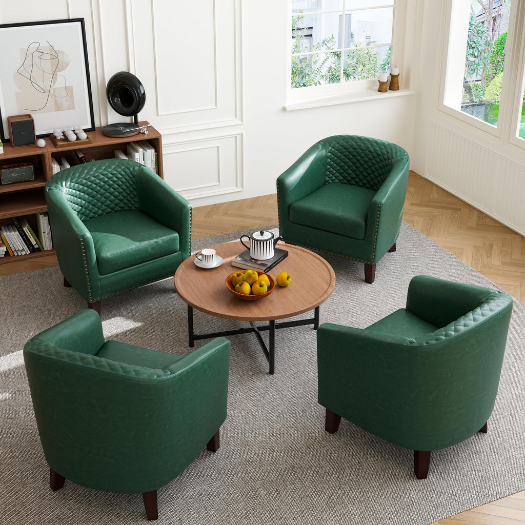 Faux Leather Barrel Accent Chair with Nailhead, Dark Green, Set of 4