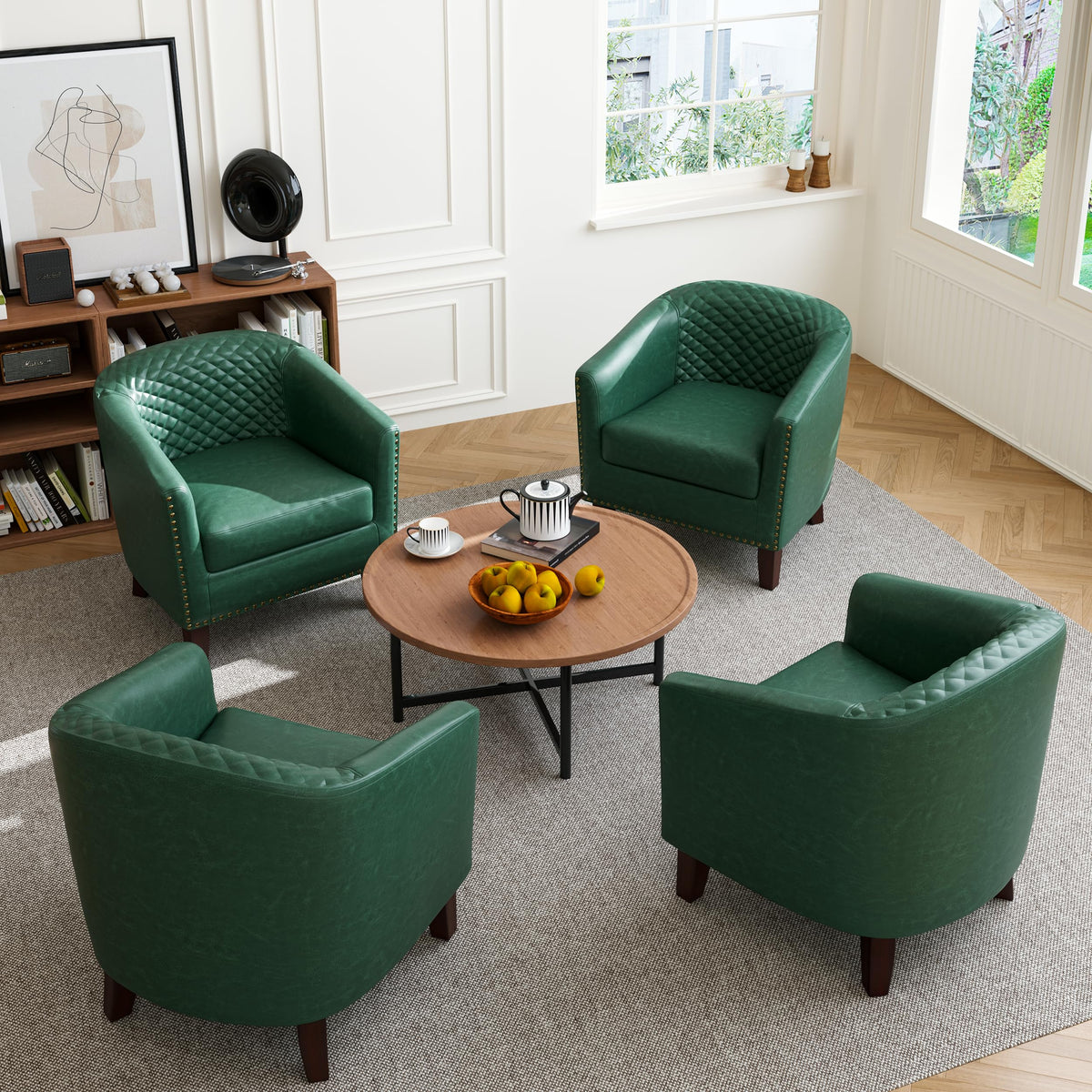 Faux Leather Barrel Accent Chair with Nailhead, Dark Green, Set of 4