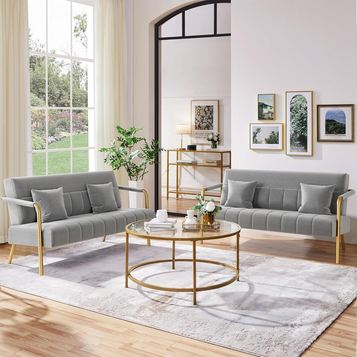 56.5" W Modern Sofa Small Sofa Luxurious Velvet Fabric Couch with Gold-Tone Metal Arms and Legs for Living Room