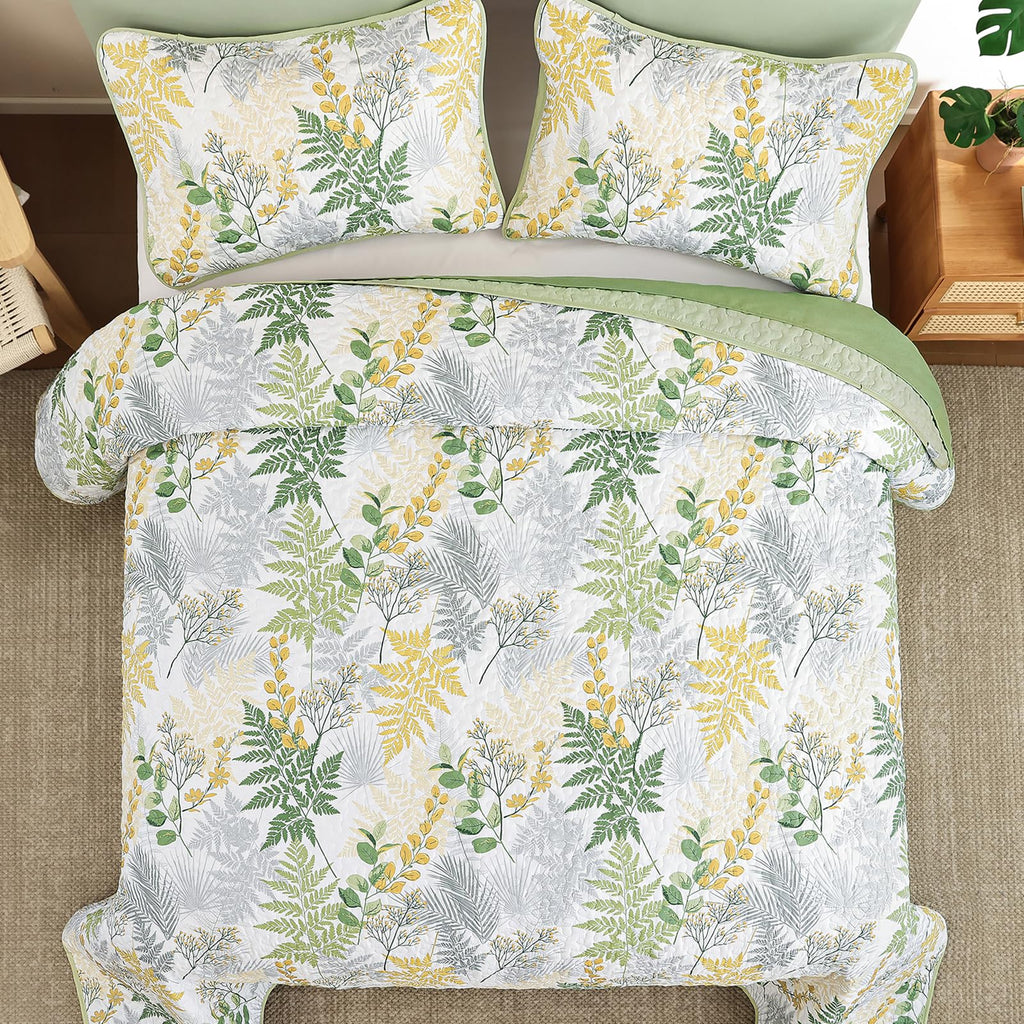 Quilt, 3 Pieces Sage Green Botanical Bedspread with Farmhouse Leaves Pattern, Soft Lightweight Microfiber