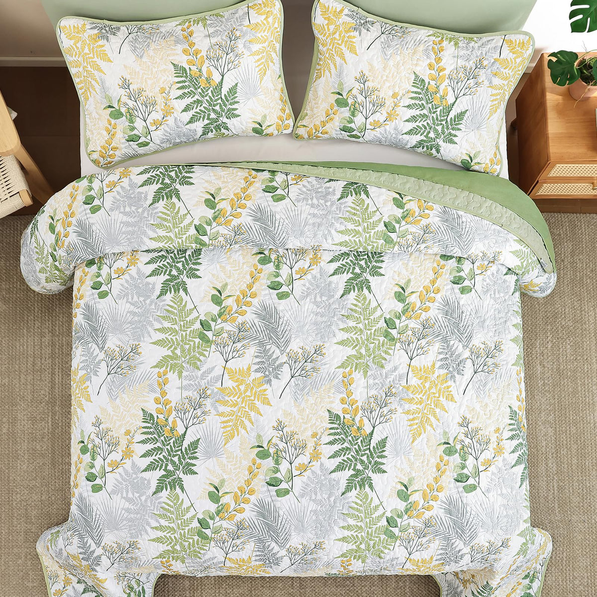 Quilt, 3 Pieces Sage Green Botanical Bedspread with Farmhouse Leaves Pattern, Soft Lightweight Microfiber