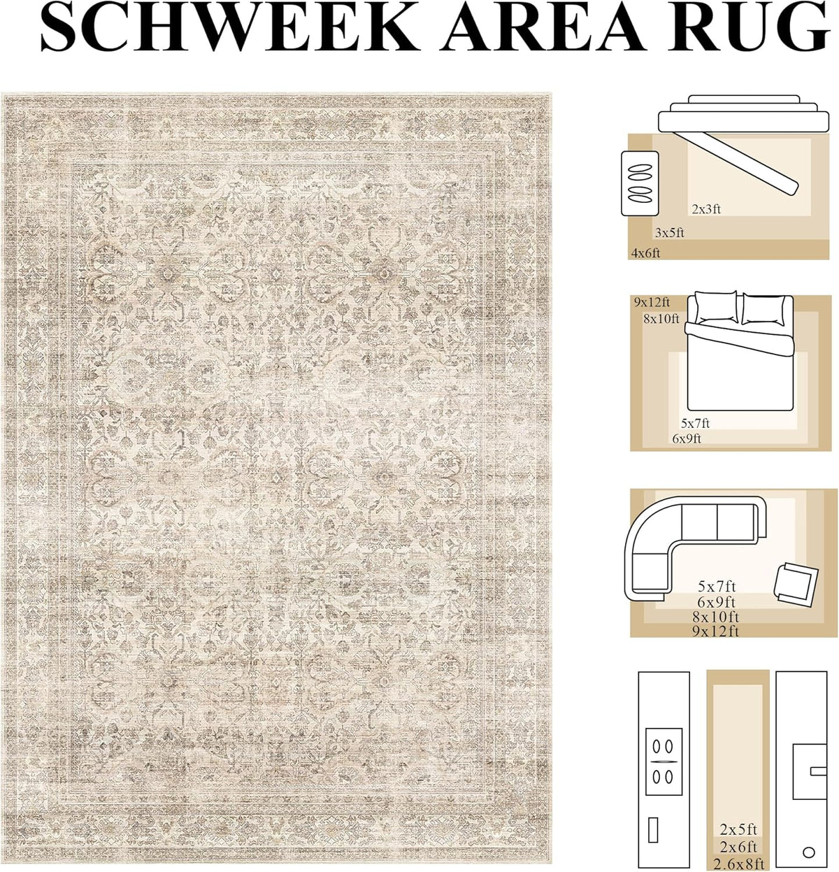 Washable Area Rugs Vintage Floral Non Slip Entryway Rug Beige