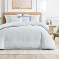 Duvet Cover Set - 100% Cotton - Seersucker Stripe Reversible Design - Includes Shams - 3-Piece - Green/Blue