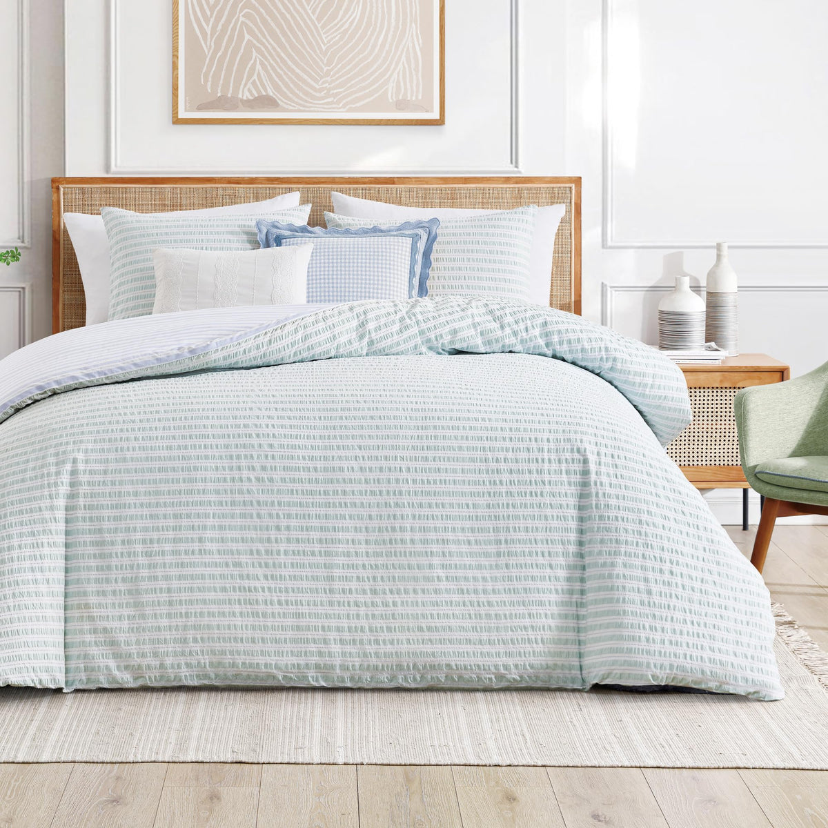 Duvet Cover Set - 100% Cotton - Seersucker Stripe Reversible Design - Includes Shams - 3-Piece - Green/Blue