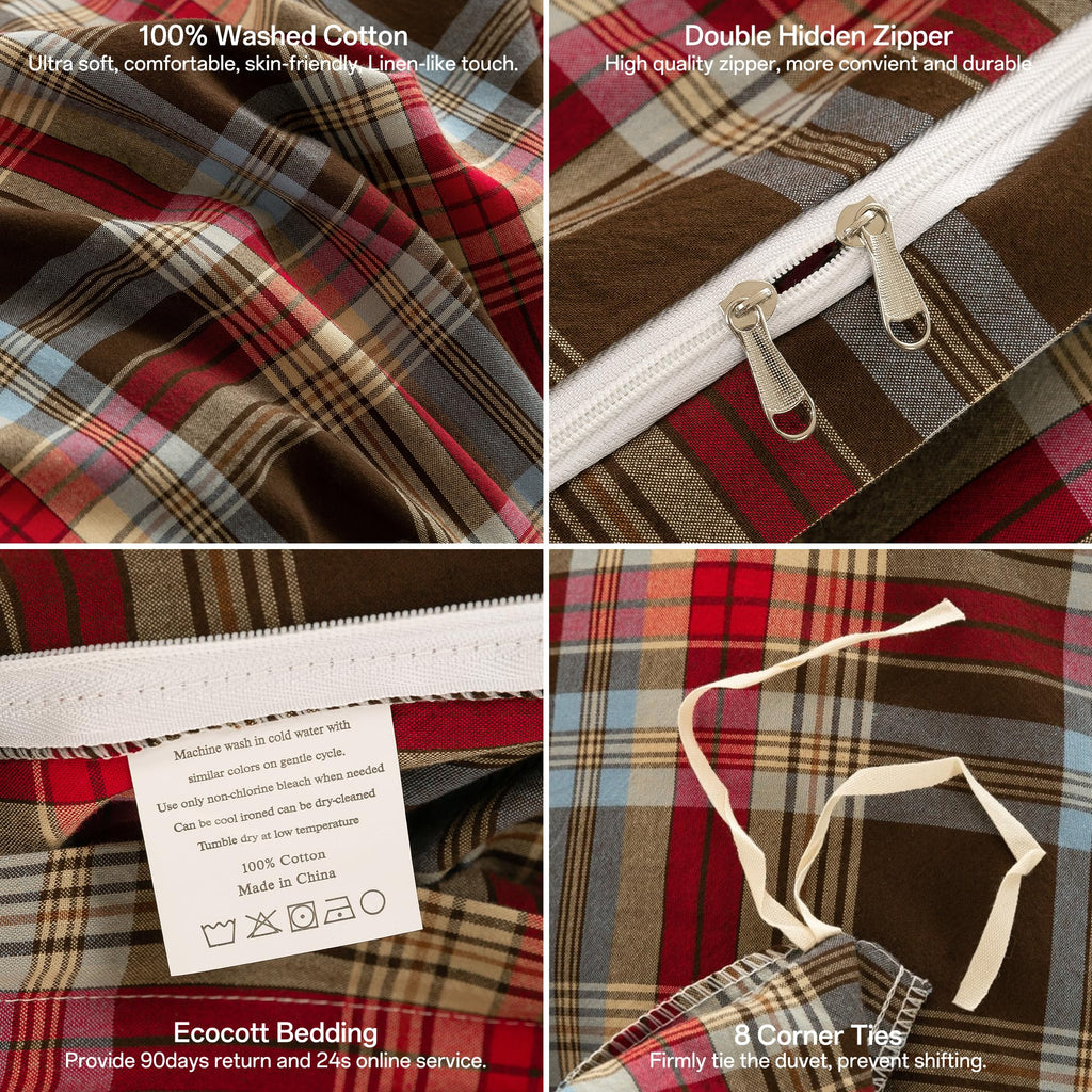 Cotton 3 Pcs Duvet Cover Set Linen Feel Red & Brown Plaid King