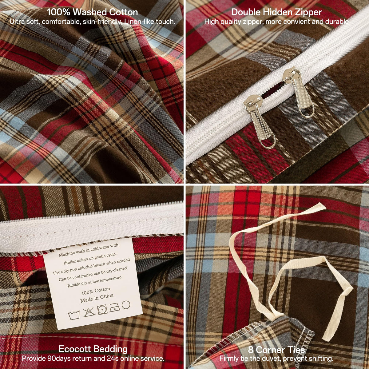 Cotton 3 Pcs Duvet Cover Set Linen Feel Red & Brown Plaid King