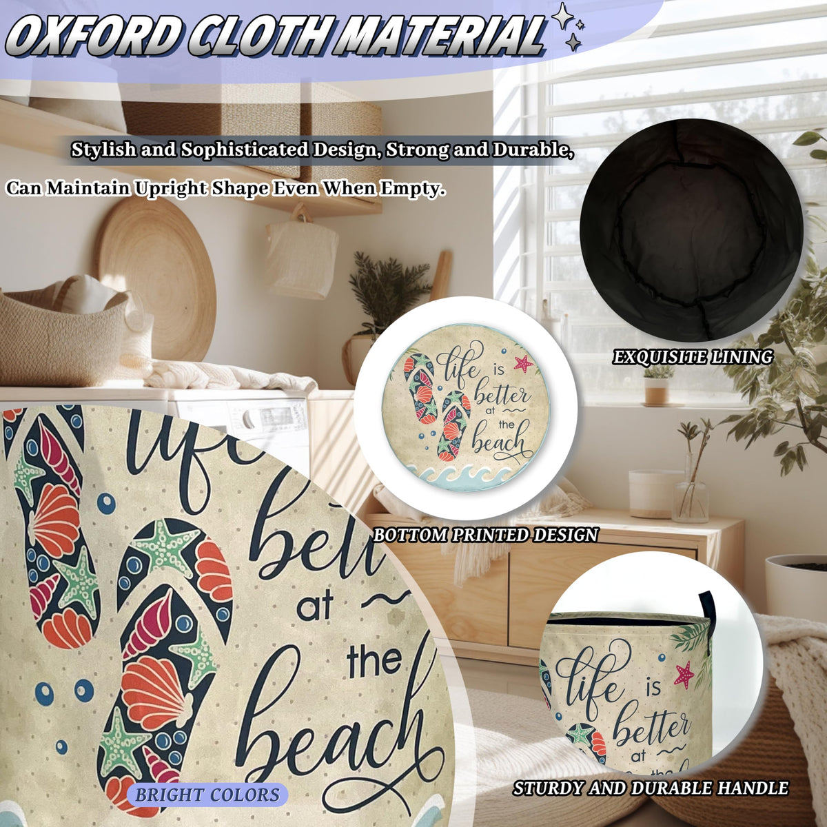 Funny Beach Laundry Basket Oxford Cloth Foldable Hamper 18.9x16.5 Inch