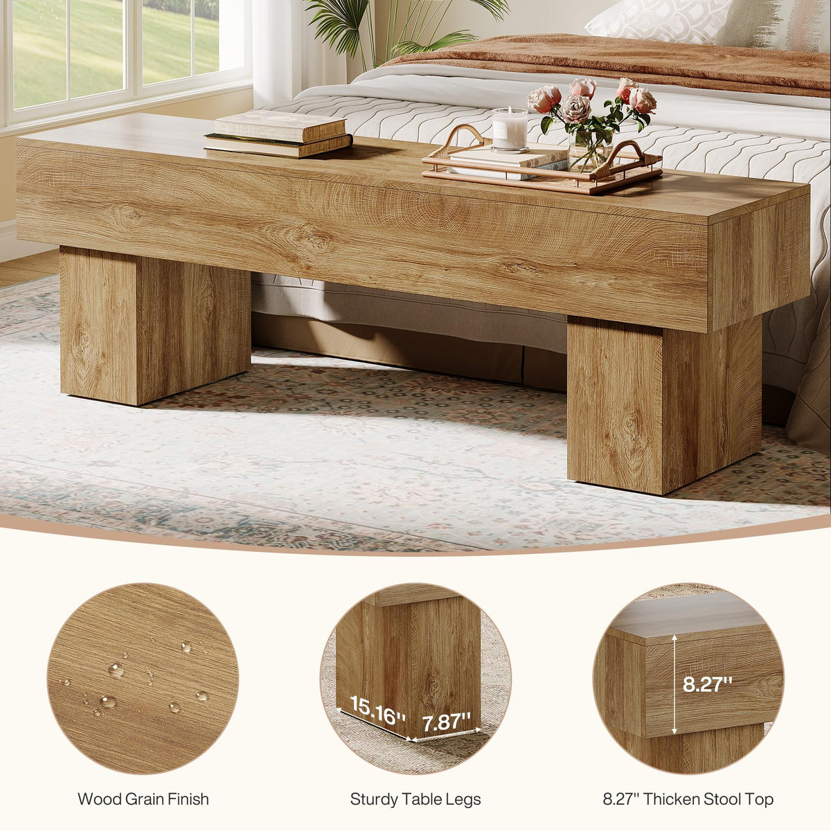 63" Long Entryway Bench, Rustic Farmhouse End of Bed Bench