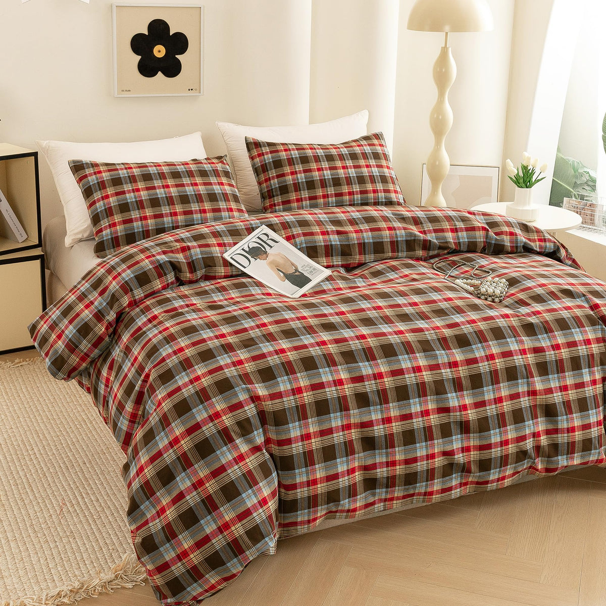 Cotton 3 Pcs Duvet Cover Set Linen Feel Red & Brown Plaid King