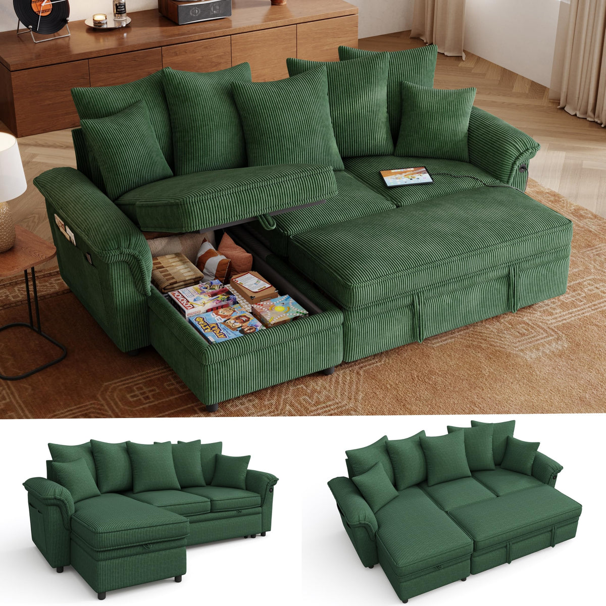 Sectional Couch with Pull Out Bed, Large Corduroy Modular Sleeper Sofa, Storage Chaise, Wide Armrest, 90" 3 Seats