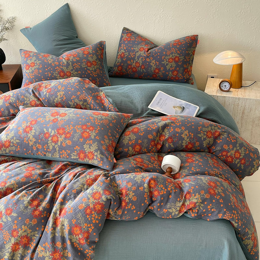 Vintage Garden Floral Duvet Cover Twin Soft 100% Muslin Cotton Jacquard Texture Bedding Set Chic Vibrant Floral