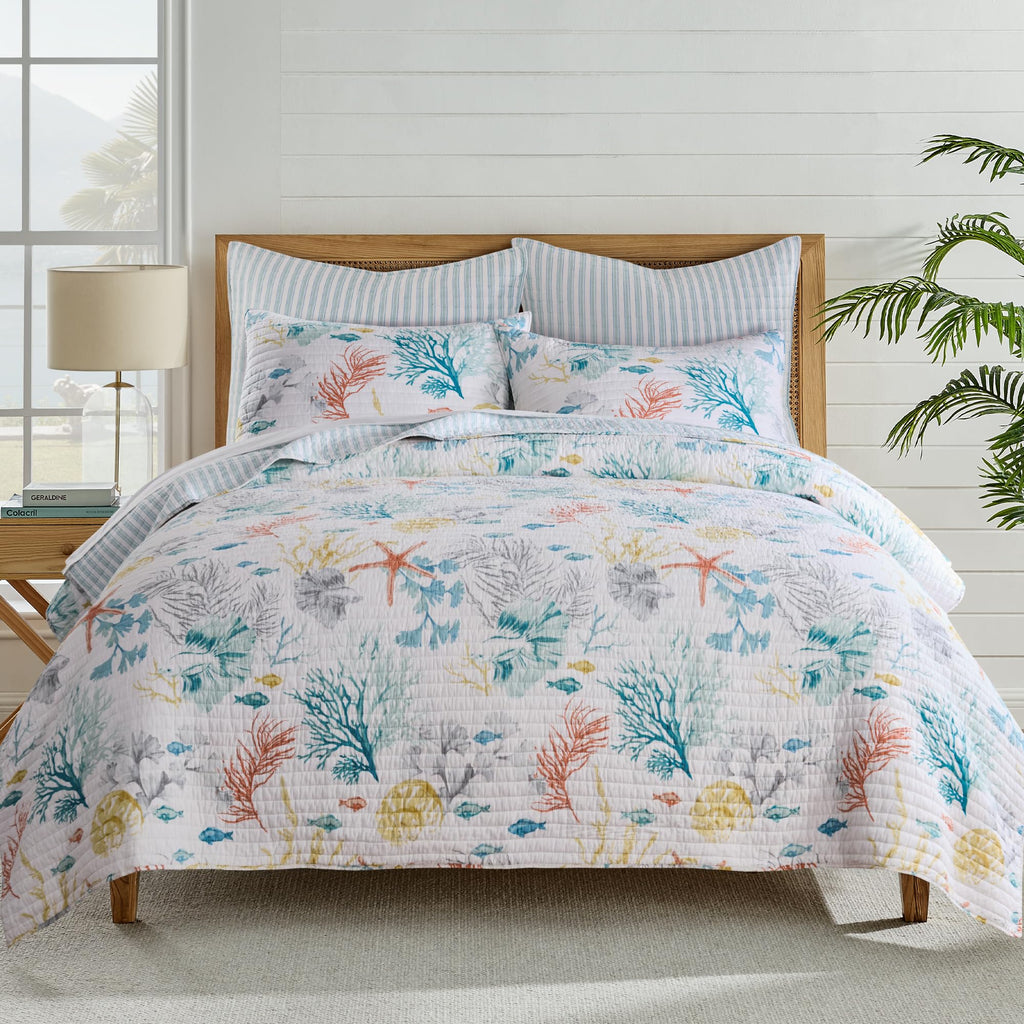 Whimsical Sea Quilt Set - Quilt and Two Standard Shams - Coastal - Blue Teal Yellow Orange Grey White