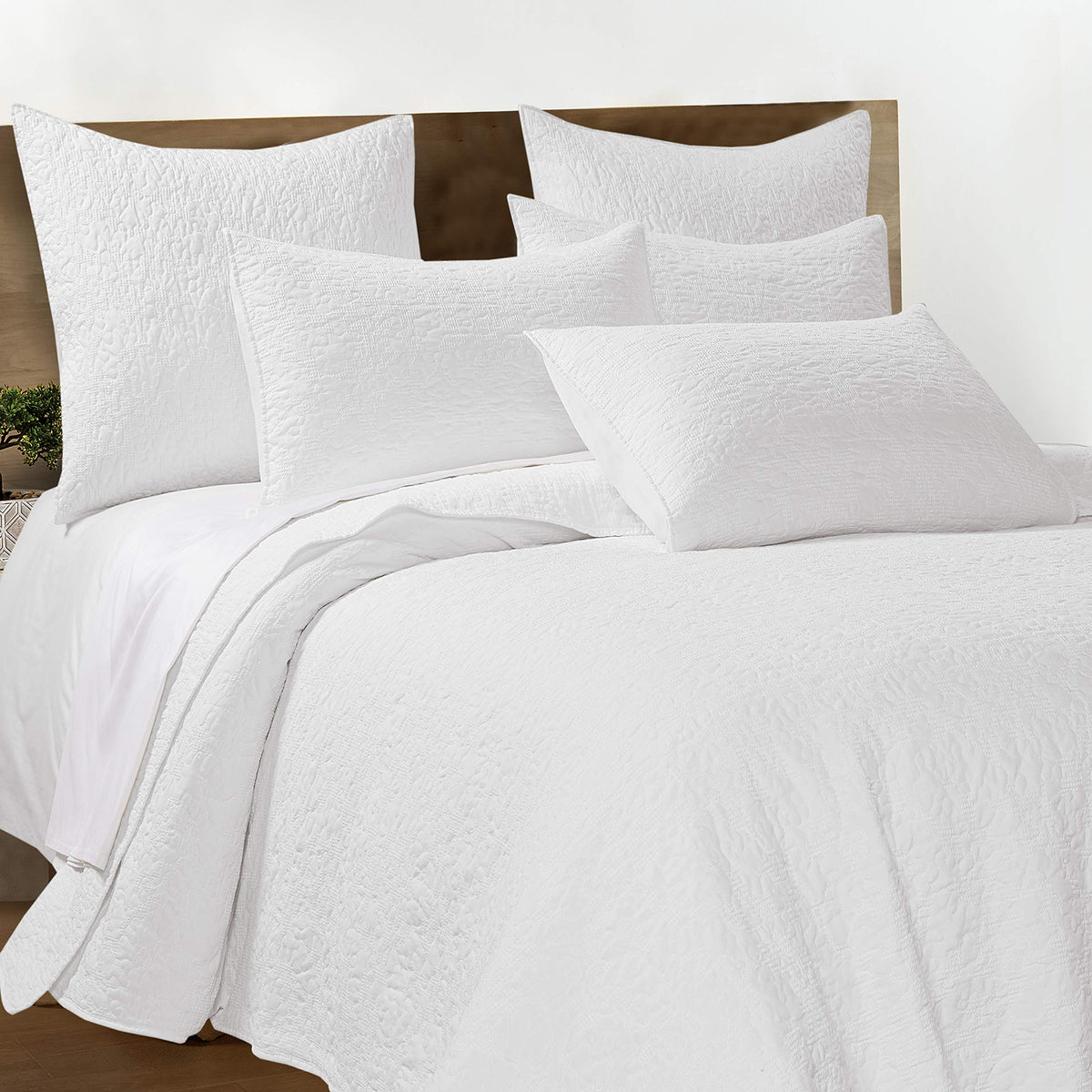 By - Emory Quilt Set -King Quilt + Two King Pillow Shams - Microfiber Waffle Jacquard - Scroll Leaf - White - Quilt