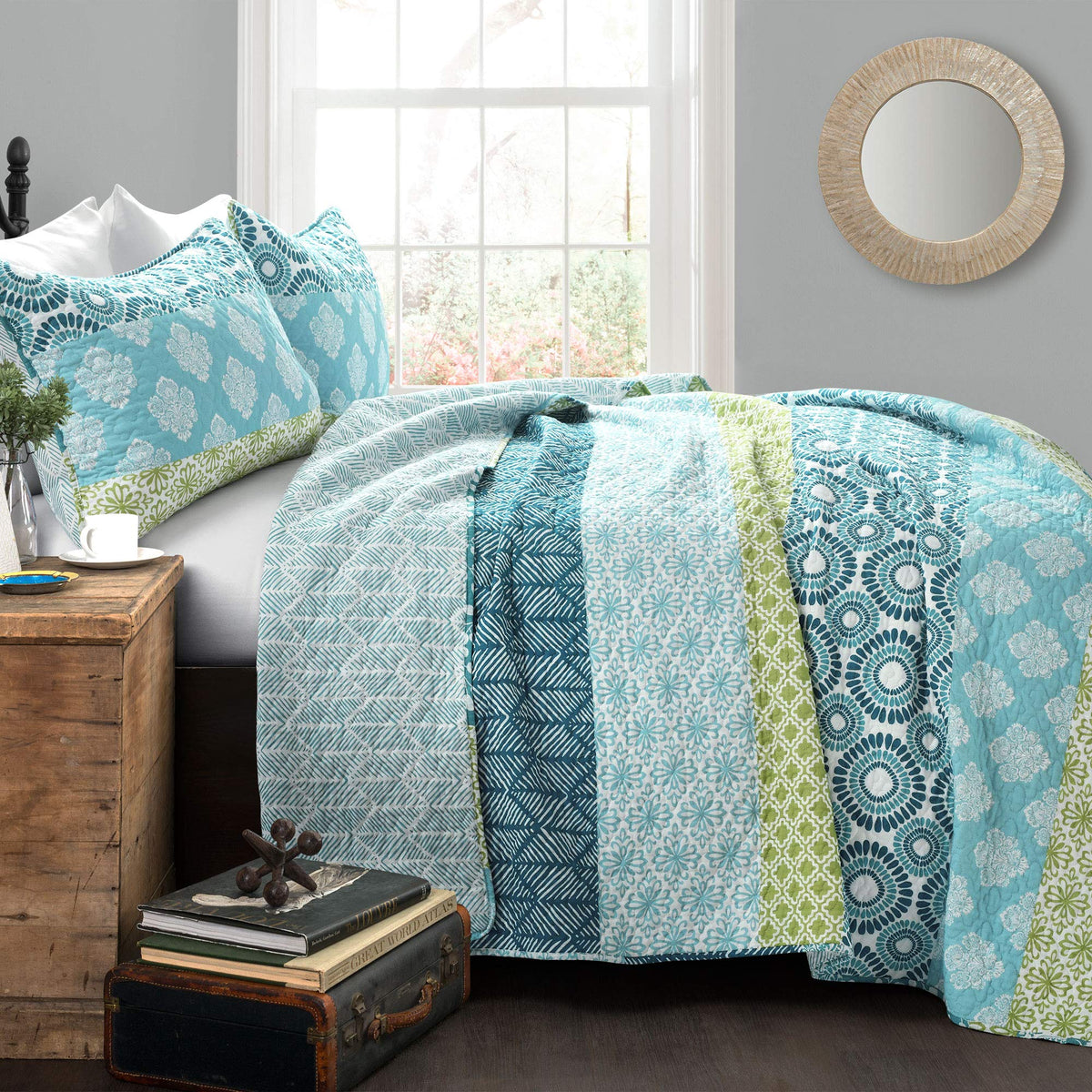 Bohemian Stripe Reversible Cotton Quilt Set, 3 Piece Set, Blue & Green - Striped Bedding Set - Blue Quilt