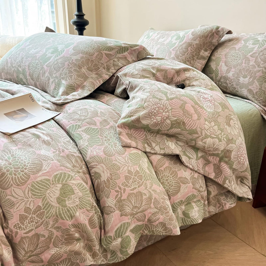 Jacquard Floral Duvet Cover King Retro Pink Green Flower Duvet Cover Yarn-Dyed Textured Cotton Jacquard Bedding