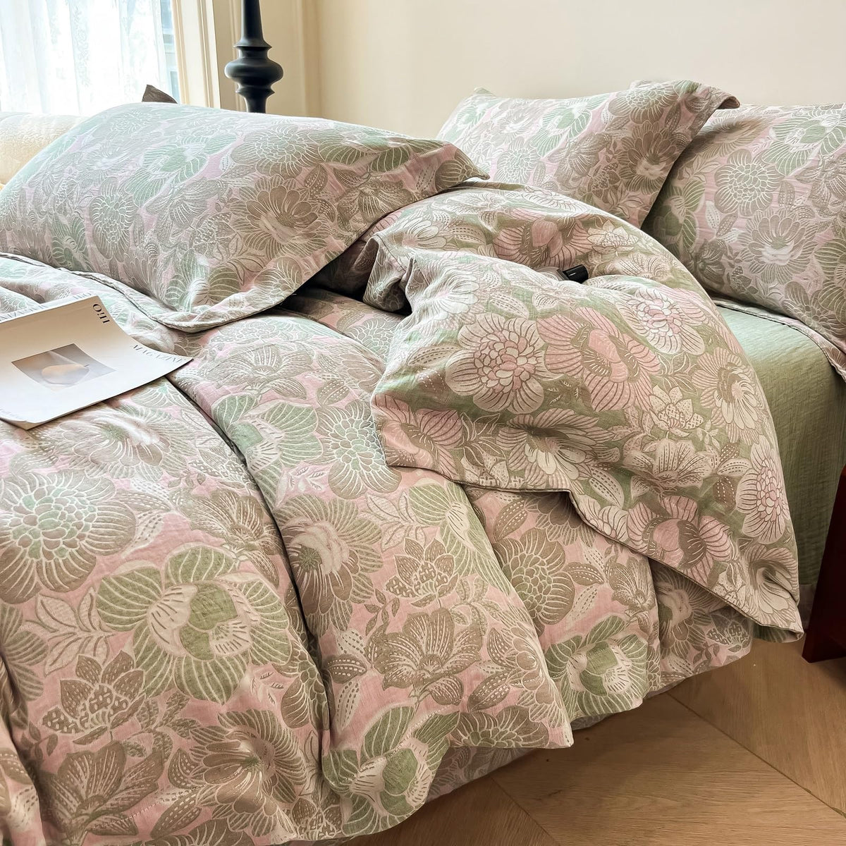 Jacquard Floral Duvet Cover King Retro Pink Green Flower Duvet Cover Yarn-Dyed Textured Cotton Jacquard Bedding