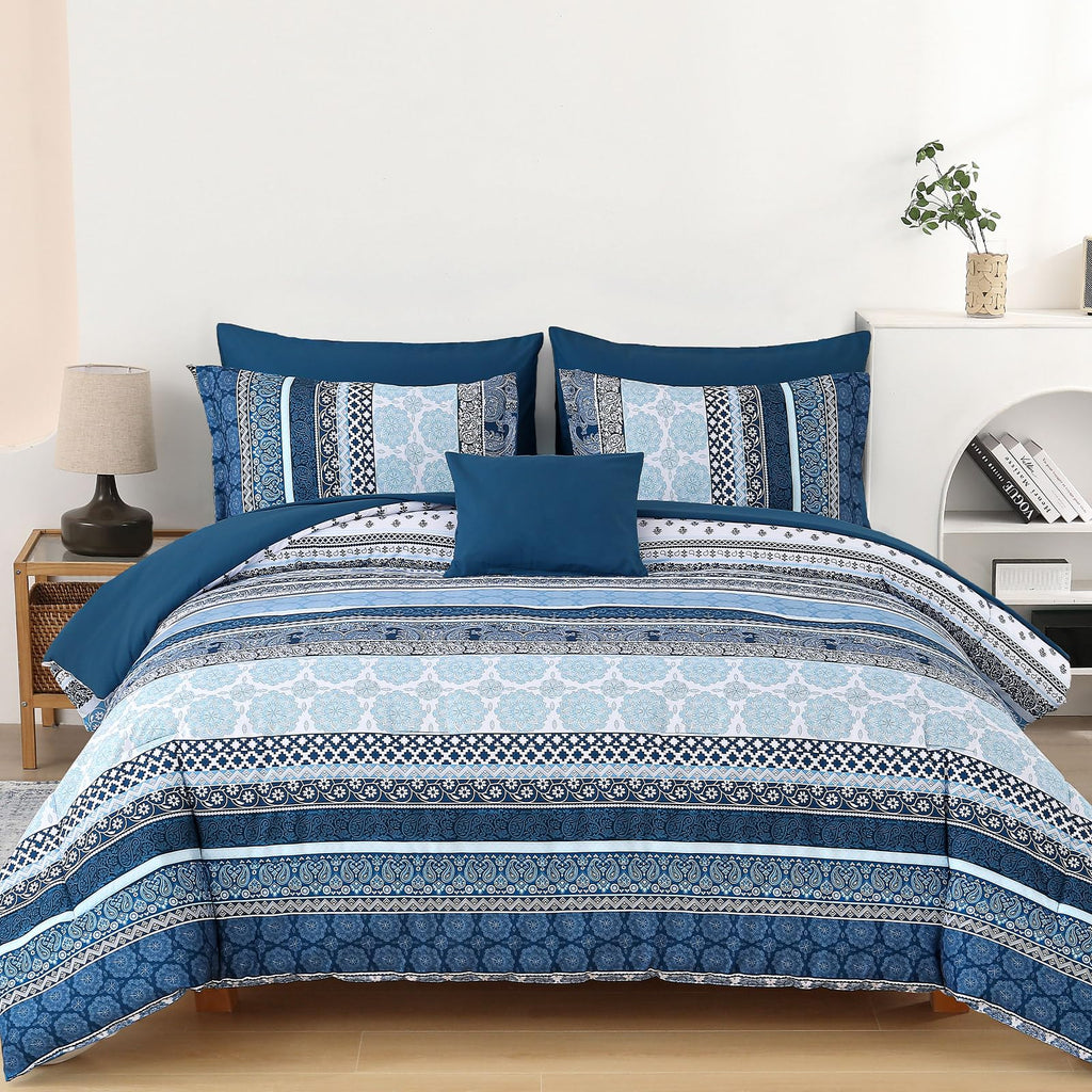 Boho Comforter Set, Navy Blue Striped Bed in a Bag