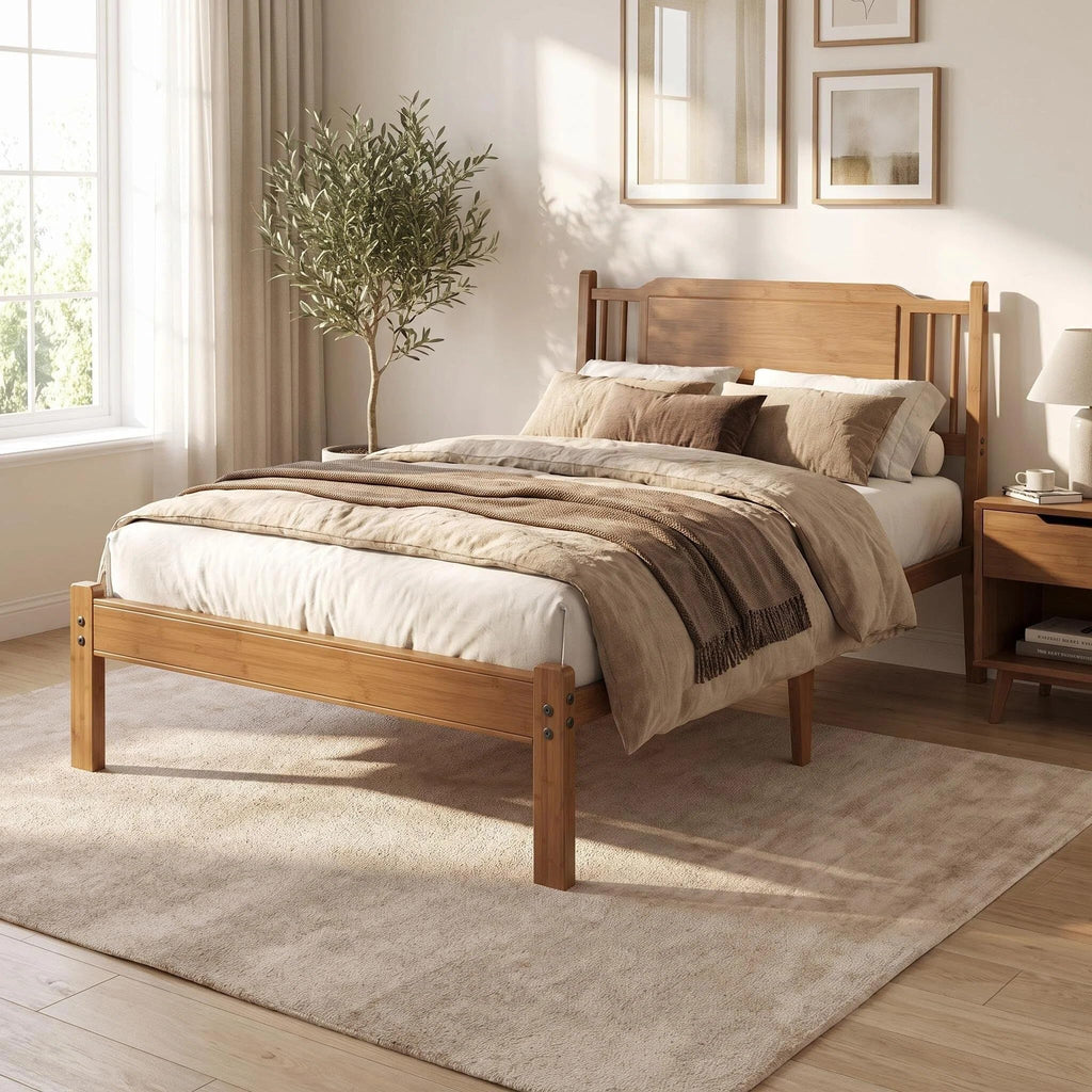Bamboo Bed Frame with Farmhouse Headboard, Warm Brown Color
