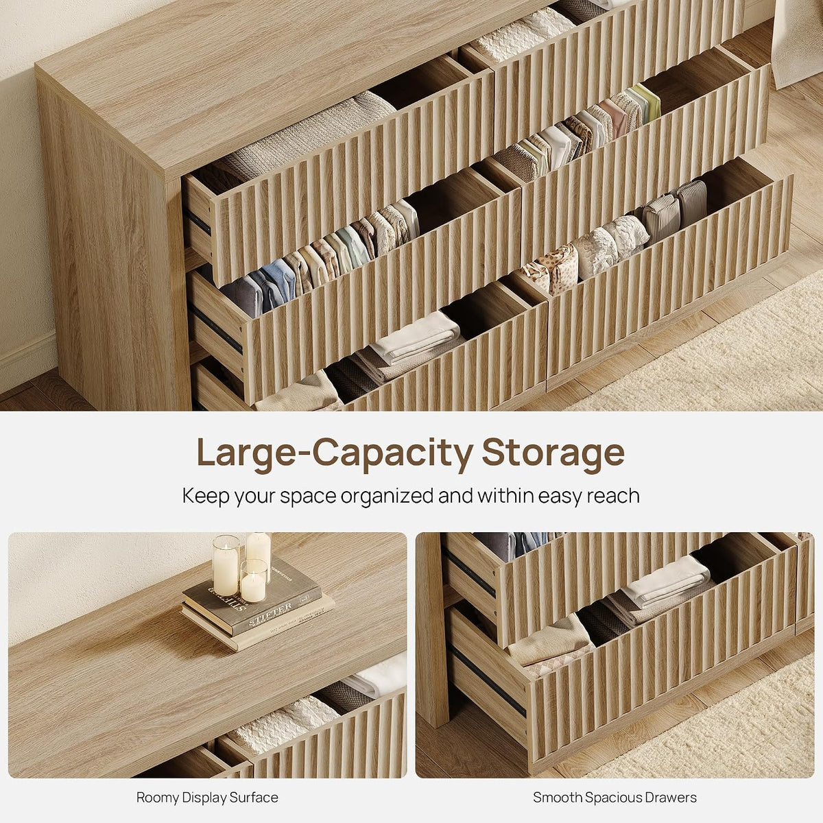 Fluted 6 Drawer Dresser - 55.2''W Large Chest of Drawers | Modern Long Bedroom Dressers with Deep Drawers, 17.7''D